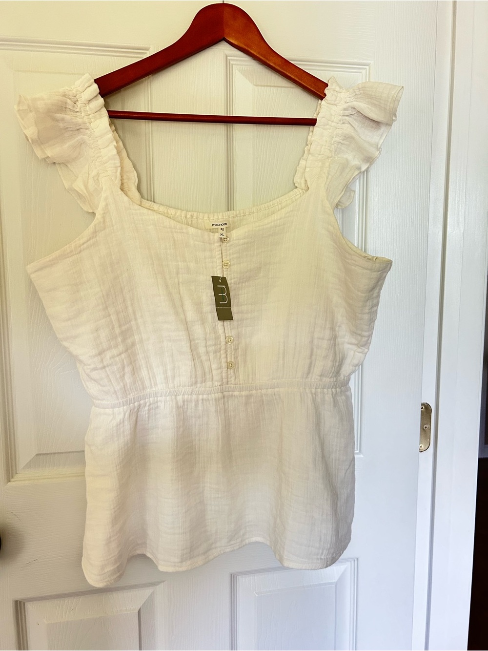 Maurices White Ruffle Strap Cotton Peplum Tank Solid Button Flutter Sleeve XL
